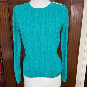 Lands' End petite Vibrant Teal 100 % cotton Cable Knit Sweater